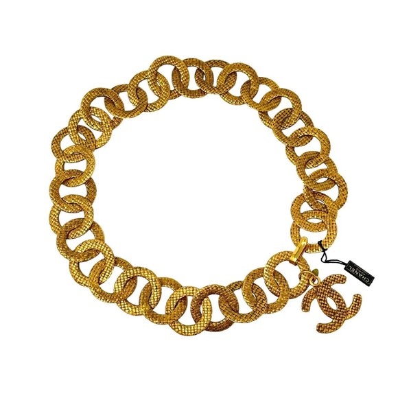 CHANEL Vintage Collection 29 Gold Plated Textured Circular Link Logo CC Belt - S - Picture 1 of 10